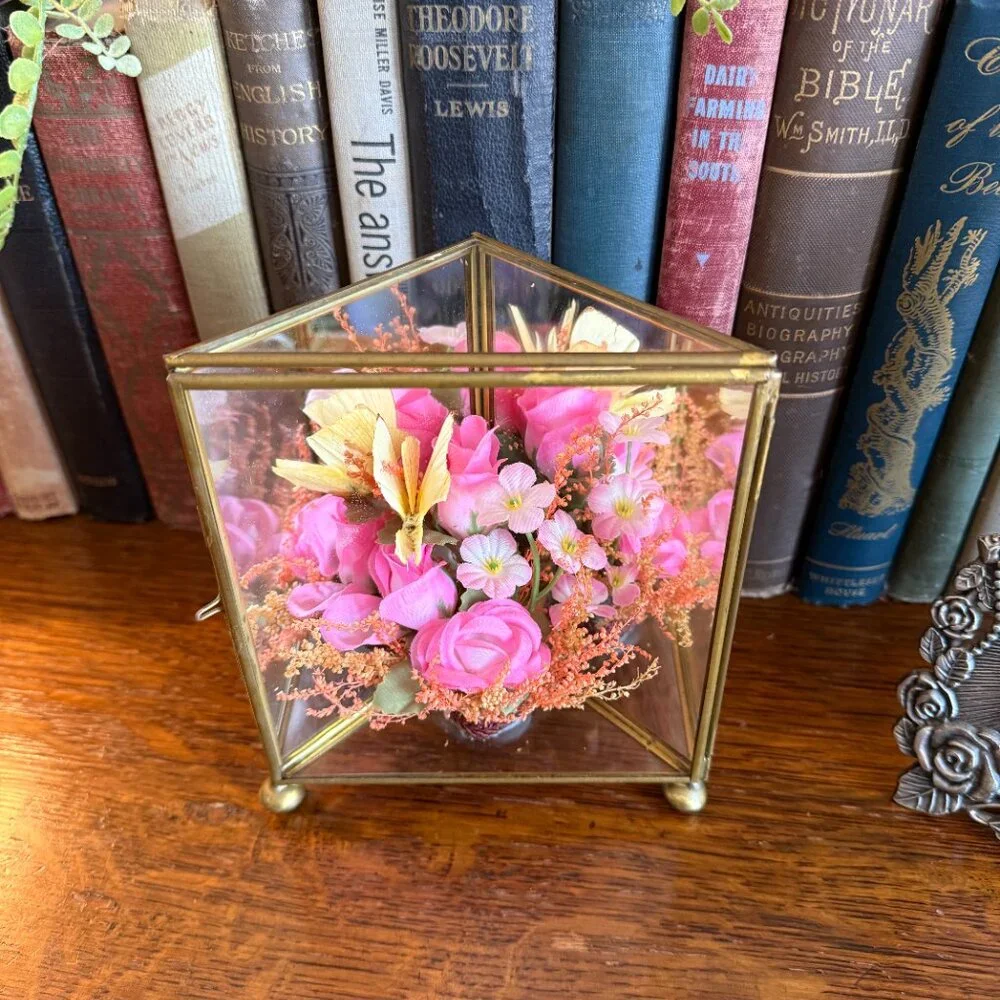Vintage Glass/Mirrors & Brass Triangular Box with Flowers
